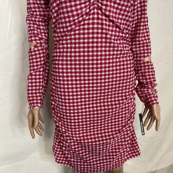 NEW GANNI Women's Seersucker Cut-Out Checked Mini Dress Red/White Size 8 - Picture 12 of 13